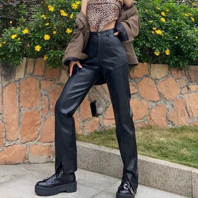 China QUICK DRY Women'S Faux Leather Pants Lady Streetwear Small Leg Split Edge Straight Black PU Leather Trousers High Waist Elegant Pants for sale