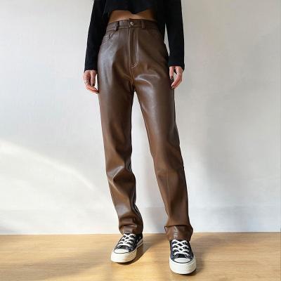 China New Tender High Waist Women Faux Leather Jeans QUICK DRY Pu Leather Pants Vintage Straight Leg Ladies Brown Casual Leather Pants for sale