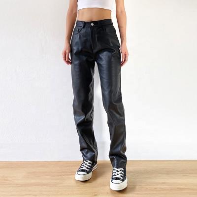 China 2021 Black Anti-Wrinkle Streetwear Women Faux Leather Pants High Hot Sales Elegant Waist Sexy Straight Leg Pants for sale