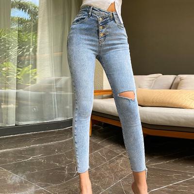 China Waterproof 2021 skinny jeans woman high waist ripped stretch denim pants fashion cropped ankle length pencil pants blue wash for sale