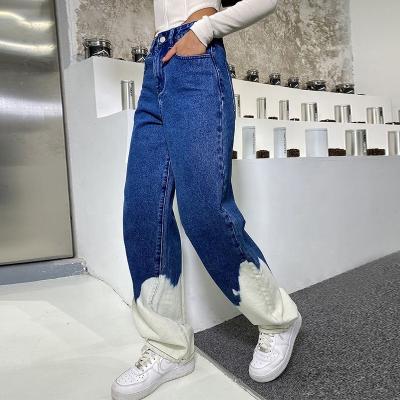 China Breathable Women Straight Loose Denim Pants Stripped High Waisted Indigo Washed Jean Trousers Patchwork Color Tie Dye Jeans for sale