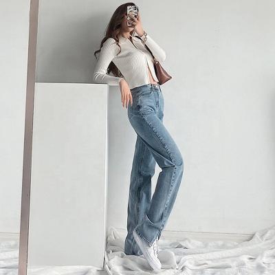 China QUICK DRY high waisted jeans split women fashionable ladies Jean Trousers Female 2021 new straight loose edge plaid denim pants for sale