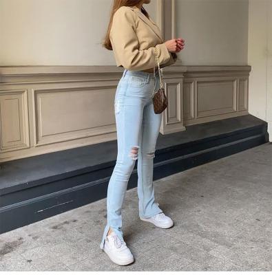 China Breathable High Waist Blue Skinny Jeans Institut Women Slim Stretch Comfort Denim Pants Fashion Ripped Split Jeans for sale