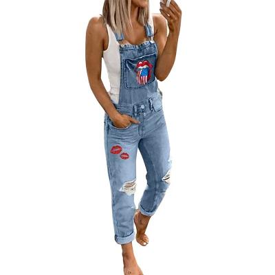 China NVFelix denim romper hot stylish sexy ripped overall embroidery printed plus size overalls jeans for woman for sale