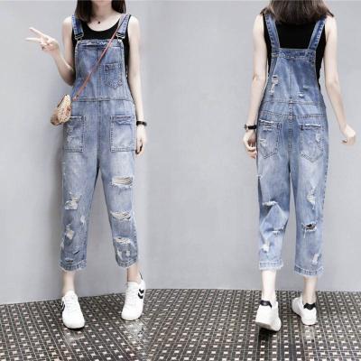 China Women Blue Latest Quality Factory Overall Breathable Hole Denim Suspender Jeans Straight Loose Overalls for sale