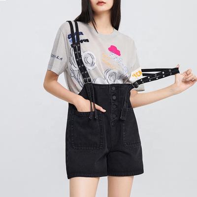 China Latest Fashion Breathable Denim Suspender Shorts Custom Design High Breasted Black High Waist Jeans Loose Short Overalls for sale