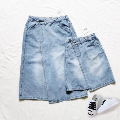 China New Breathable Denim Skirt Manufacturer Elastic Slanted Waist Blue NVFelix Mom and Me Washed Button Long Split Family Matching Jean Skirts for sale