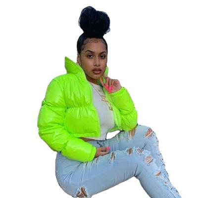 China Shinny Breathable Green Cropped Long Sleeve Women Bubble Winter Coat Stripper Jacket for sale