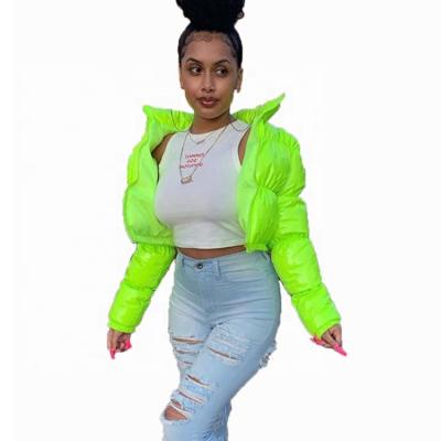 China Anti-Wrinkle Neon Green Shinny Cropped Long Sleeve Women Bubble Winter Coat Stripper Jacket for sale