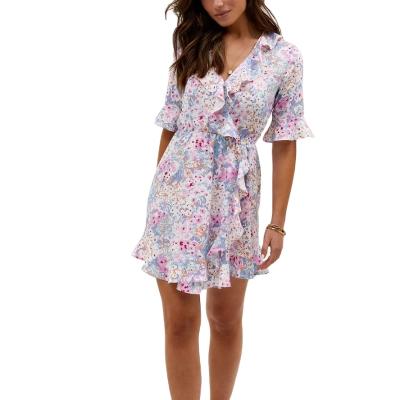 China Mini Dress Lilac Print Ruffle Woman Summer Anti-static Printed Dresses Printed Floral Colorful Mini Dress for sale