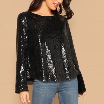 China Glamorous Sequin Anti-pilling Top Regular Fitted Black Round Neck Long Sleeve Pullovers Regular Length Curved Edge Sequin Top for sale