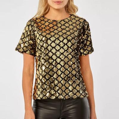 China Custom Women's Anti-pilling Gold and Black Diamond Sequin Top Women Short Sleeve Round Neck Clothing Women Blouse for sale