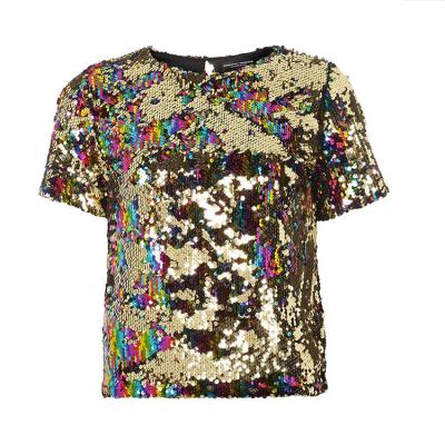 China Custom Women Anti-pilling Elegant Multi Colored Sequin Tops Striped Short Sleeve Round Neck Sequin Blouse Tops for sale