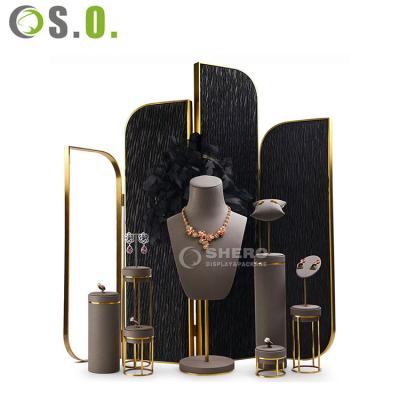 China Luxury Jewelry Customization MDF Jewelry Packaging Display Sets Beige Earrings Ring Counter Display Table Set Jewelry Display Table Necklace OEM/ODM for sale