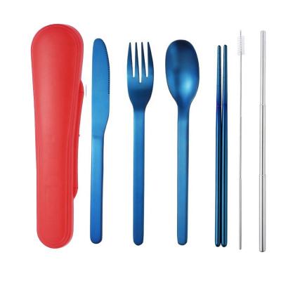 China Wholesale Portable Viable Blue Flatware Set Reusable Blue Stainless Steel Utensil Set 5PCS Travel Cutlery Set Reusable Chopsticks Straw for sale