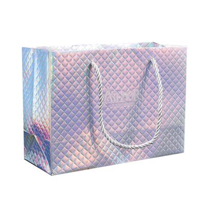 China Recyclable Manufacturer Custom Logo Printing Gift Package Holographic Ivory Panel Cheap Shopping Paper Bag for sale