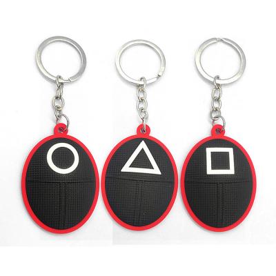 China Souvenir Gifts Promotion Cartoon Key Chain Squid Game Round Square Triangle Shaped 3d PVC Rubber Custom Key Chain for sale