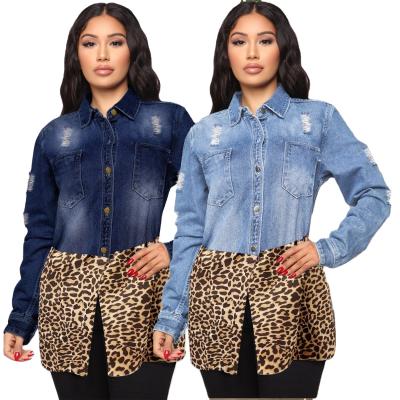 China Anti-wrinkle drop shipping new fashion plus size European and American creative leopard print women's denim coat women's stitching clothes for sale