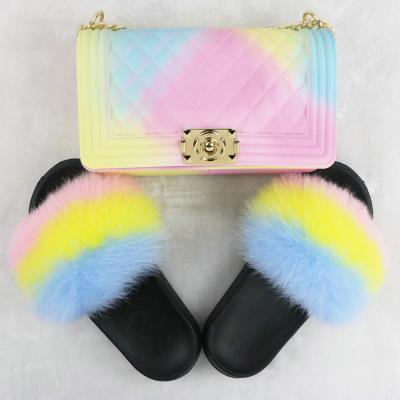 China Wholesale Fashion Trend Raccoon Faux Fox Fur Full Slippers Slippers With Purse Set For Women for sale