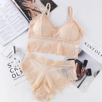 China Dropshipping 2022 New Solid Color Antibacterial Popular Breathable Bernapas Lace Bra Mid Size And Wireless Panties Sets for sale