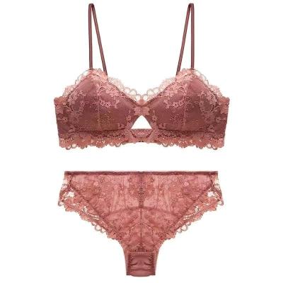 China Antibacterial high quality breathable plus size style solid color underwear lace push up brief and simple bra set for sale