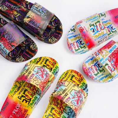 China 2021 new trend women slippers shoes graffiti pattern waterproof flat slides for outdoor beach lady slippers sandals for sale