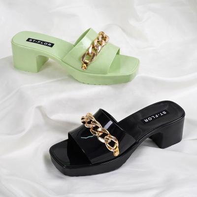 China Fashion Trend Wholesale Price Lady Jelly Heels Sandals Designer Metal Button Platform Jelly Sandals Place-toe Slippers Women for sale