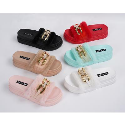 China RETRO CHIC Modern Breathable Women Fashion Designer Bling Crystal Winter Fur Home Slippers High Heel Sandals for sale