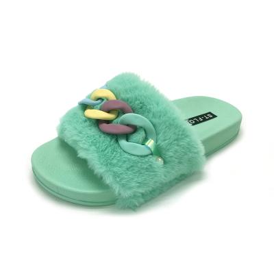 China Soft Lady Anti-Smell Plush Slippers With Colorful Chain Lightweight Women Shoes For Winter Pure Color Fur Women Sandals for sale