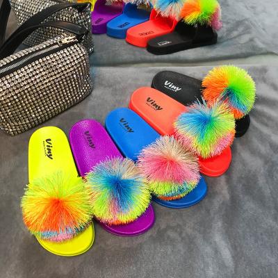 China Cheap Price Waterproof 60 Pairs One Cardboard PVC Kid Slippers Indoor Cute Fur Ball Design For Kids Slips Outdoor Slippers for sale