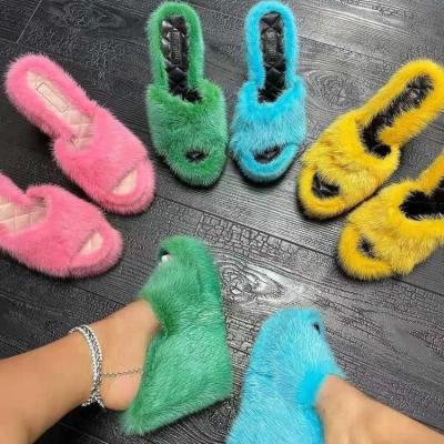 China New Arrival Anti-Smell Winter Plush Wedges Sandals Cute Faux Fur Slides Platform Sandals Fashion Women Fur High Heel Sandals for sale