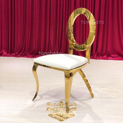 China Modern Event Banquet Hall Pull Out Cushion Stainless Steel Wedding Party Gold Metal Chair for sale