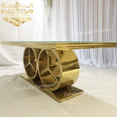 China Modern Stainless Steel Gold (Other) Event Furniture Adjustable Glass Top Bride and Groom Table For Wedding for sale