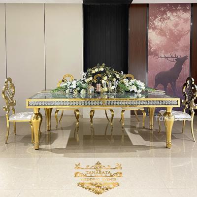 China Stainless Steel Adjustable Modern Luxury Event Gold Furniture Wedding Glass Top (Other) Dining Table for sale