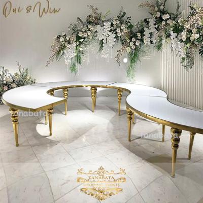 China (Other)Adjustable Top MDF Event Used Semicircle Hotel Wedding Tables With Gold Legs for sale