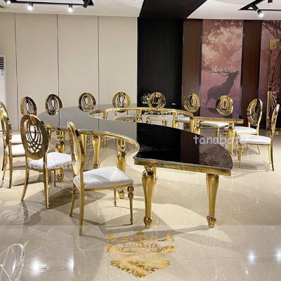 China Gold Semicircle Shape Adjustable Metal Leg Glass Top Serpentine Wedding Table (Other) for sale