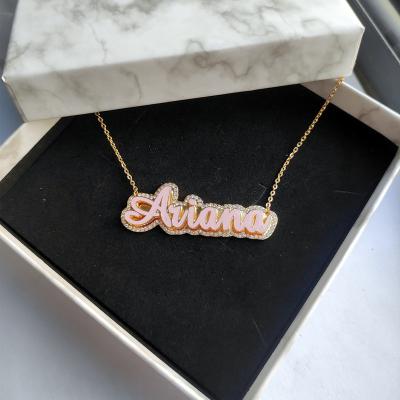 China Cute Double Enamel Pendant Necklace For Women Jewelry Christmas Gift Gold Plated Enamel Custom Name Necklace With Rhinestone for sale