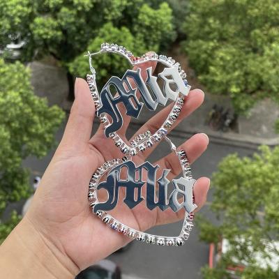 China Wholesale Customized Hip Hop Women Stainless Steel Gold Heart Name Circle Name Earrings Colorful Zircon Custom Sexy Punk Name Plate Stud Earrings for sale