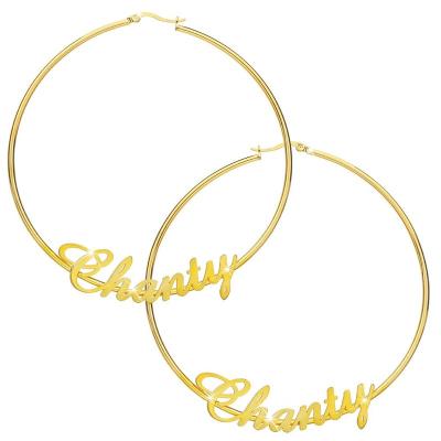 China 2021 New Customized Hiphop Stainless Steel Circle Hip Hop Gold Plated Name Earrings Gift for sale