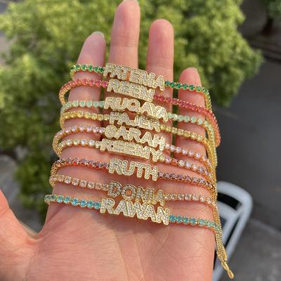 China OEM Neo-Gothic Colorful Zircon Tennis Letter Copper Armband Chain Custom Qiuhan Name Bracelet for sale