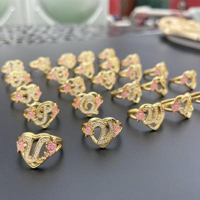 China Custom OEM Qiuhan Enamel A-Z Letter Women Flower Heart CLASSIC Adjustable Zirconia Initial Ring for sale