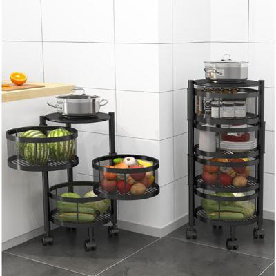 China Floor Standing Multilayer Metal Kitchen Fruit Vegetable Basket Shelf Swivel Storage Organizer Rack Rotating Trolley With Wheels for sale