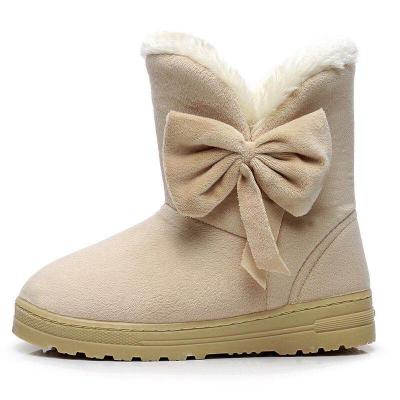 China Custom Made Winter Lightweight Bowknot Designer Fat Women's Furry Flat Snow Boots For Ladies for sale