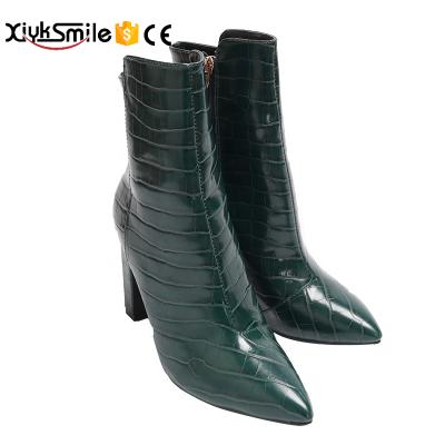 China Insulative Hot Selling Women's Shoes Spring New Dark Green Thick Heel Pointed Toe Fashion Ankle Boots Women's High Heel Shoes for sale