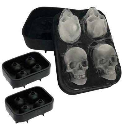 China Reusable Silicone 3D Silicone Ice Cube Mold Tray Maker Four Giant Skulls Round Ice Cube Maker Black Halloween for sale