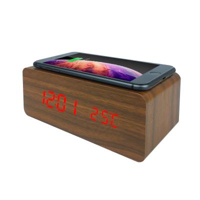 China Files Smart Digital Alarm Clock LED Display Time-Temperature Bedside Calendar Wood Desk Alarm Clock With 5W Wireless Charger for sale