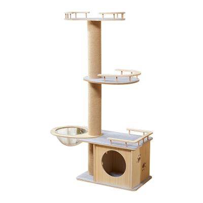 China 2022 Sustainable Hot Sale High Quality High Density Board And Wood Material Cat Tree Tower Cat Climbing Frame For Cat. for sale