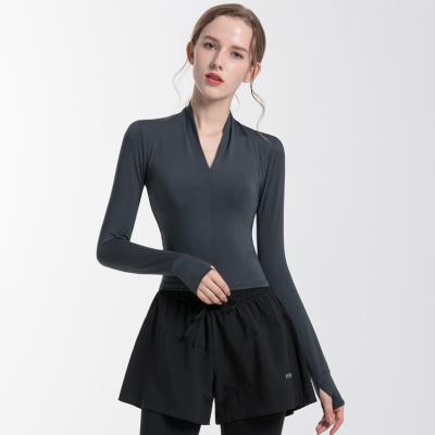 China New Yoga V-Neckline Yoga Tops Yoga Suit Breathable Tight Long Sleeve Elastic Thin Quick Dry Top for sale