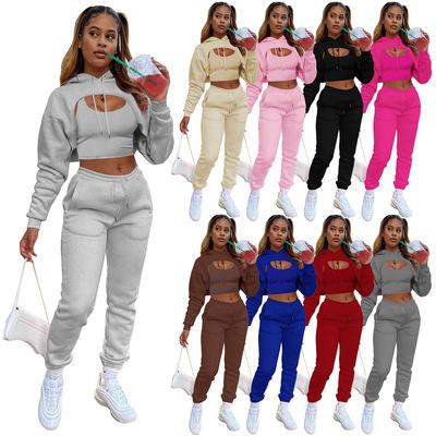 China 2021 Solid Color Viable Cutout Sportswear Casual Autumn Long Sleeve T-Shirt Stacked Pants Simple Women Casual 3 Pieces Set Outfits for sale