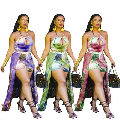 China New Arrival Breathable Tie Dye Print Irregularity Shorts Summer Print Two Piece Set Halter Top Women 4xl Sleeveless Plus Size 2 Piece Set for sale